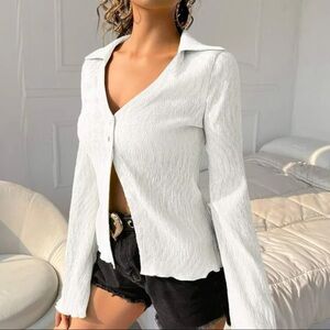 White Flounce Sleeve Lettuce Trim Long Sleeve Shirt